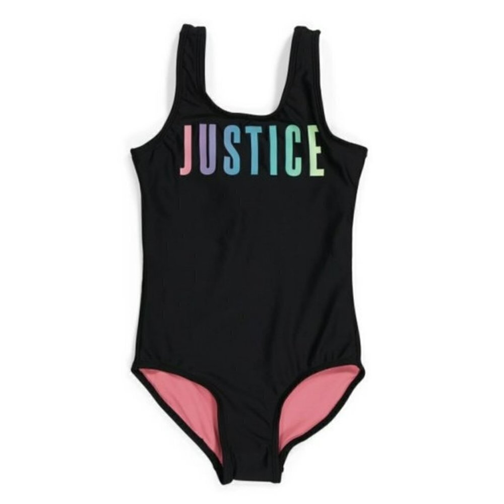NWT JUSTICE Girls One-piece Rainbow Logo Print Swimsuit